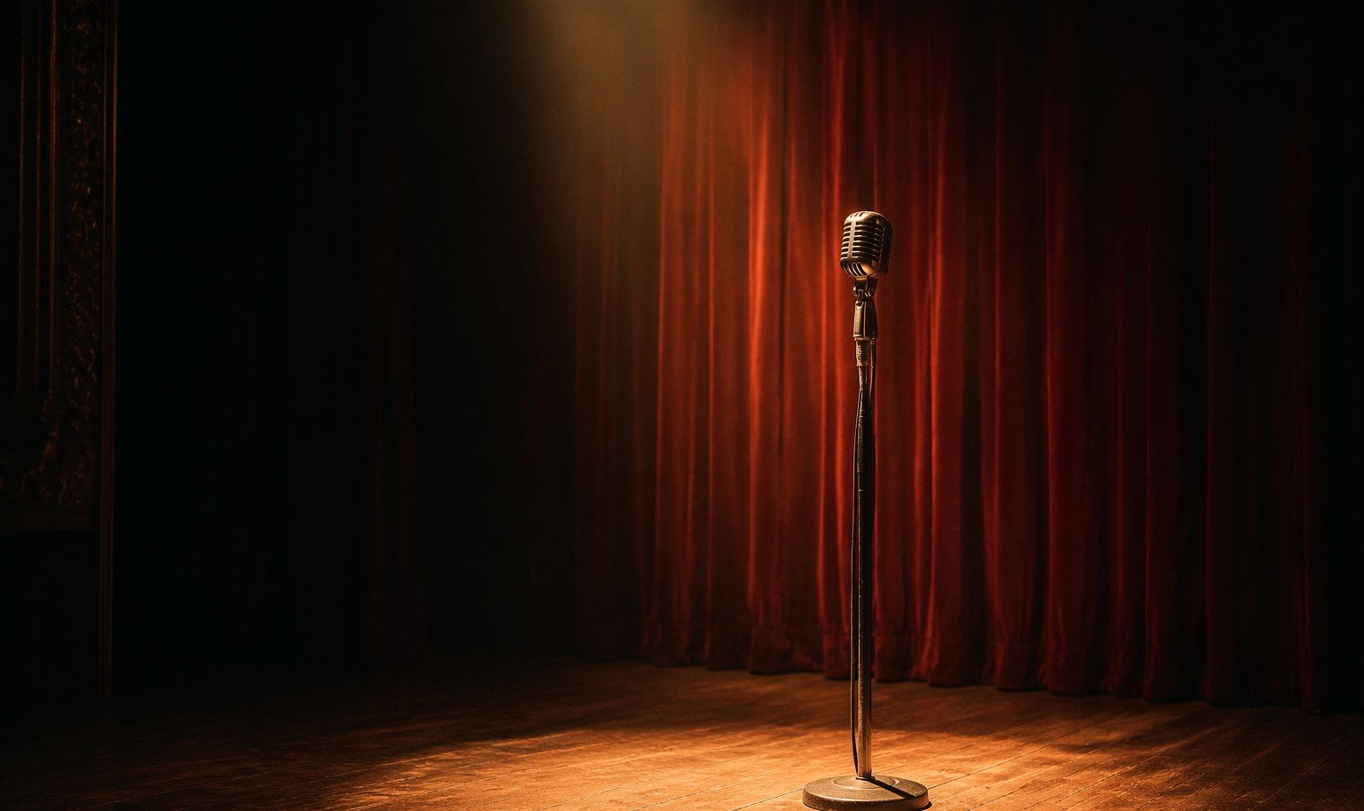 Theaterbühne mit Mikrofon im warmen Spotlight vor rotem Vorhang